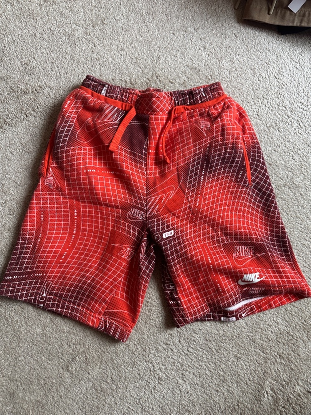 Nike Red and Maroon Grid-Print Athletic Shorts